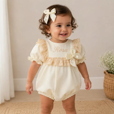 Personalised Catalina Romper & Hair Clip Set - Ivory - Just Blue Or Pink
