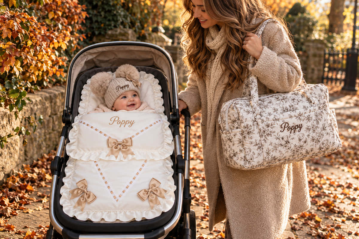 Baby in personalised cream pram footmuff and embroidered pom pom hat, with matching personalised baby changing bag – Just Blue or Pink