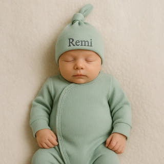 Personalised Ribbed Hat and Sleepsuit - Sage Green - Just Blue Or Pink