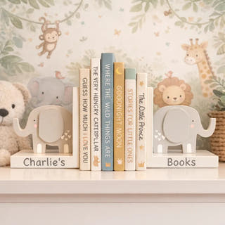 Personalised Elephant Wooden Bookends - Just Blue Or Pink