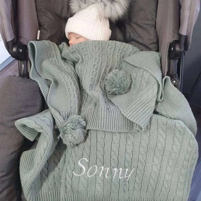 Personalised Cable Knit Baby Blanket Sage Green - Just Blue Or Pink