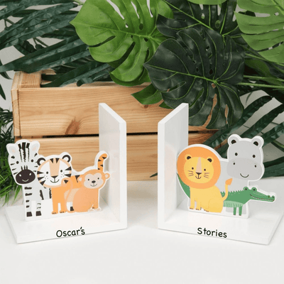 Personalised Wooden Jungle Bookends - Just Blue Or Pink