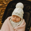 Personalised Cream Hat with Crochet Daisies and Pearls