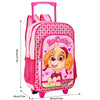 A Kiddies World Paw Patrol Skye Deluxe Travel Trolley Backpack featuring a cartoon dog with long ears and a headband, surrounded by paw prints. The text reads "So Cute!" and "Skye." Measuring 45 cm in height, 29 cm in width, and 19 cm in depth, it boasts side mesh pockets, adjustable padded shoulder straps, and a pull handle.