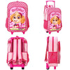Four views of a pink trolley backpack with wheels featuring a cartoon dog and the text "So Cute!" and "Skye" on the front. The front, back, side, and top views show details like adjustable padded shoulder straps, handle, and side mesh pockets. The Paw Patrol Skye Deluxe Travel Trolley Backpack by Kiddies World has stars and paw prints as decorations.