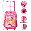 Image of a pink children's rolling Paw Patrol Skye Deluxe Travel Trolley Backpack with a retractable handle. The suitcase features a cartoon dog and the text "So Cute" and "Skye." Highlights include two side mesh pockets, sturdy wheels, adjustable padded shoulder straps, and adjustable buckles. Dimensions are 32cm x 45cm. Brand Name: Kiddies World