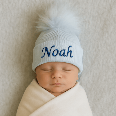 Personalised Blue Baby Pom Hat - Just Blue Or Pink