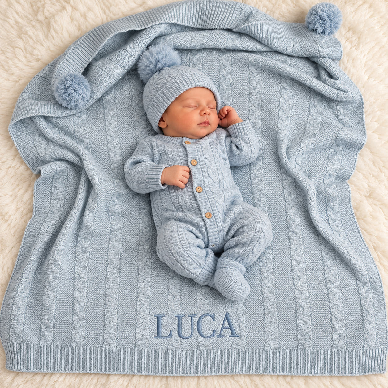 A sleeping newborn baby wearing a light blue cable-knit footed one-piece and matching knit bonnet with pom-poms, laid on a matching light blue cable-knit blanket with the name 'LUCA' embroidered at the bottom, photographed on a cream faux-fur surface.