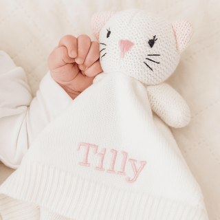 Personalised White Knitted Cat Comforter - Just Blue Or Pink