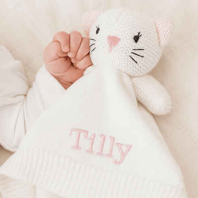 Personalised White Knitted Cat Comforter - Just Blue Or Pink