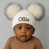 Personalised Beige & White Baby Hat with Pom Poms