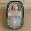 Personalised Grey Frilly Car Seat Footmuff - Pink Satin Bows