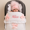 Personalised White Frilly Car Seat Footmuff - Pink Satin Bows
