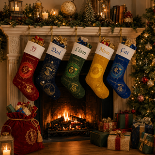 Five personalized Christmas stockings with space-themed designs hang in front of a lit fireplace. The stockings are red, navy, green, mustard yellow, and blue, each decorated with planets, stars, and constellations, and topped with wrapped gifts.