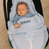 Personalised Blue Frilly Car Seat Footmuff - Blue Bows