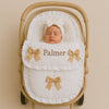 Personalised White Car Seat Footmuff with Beige Bows