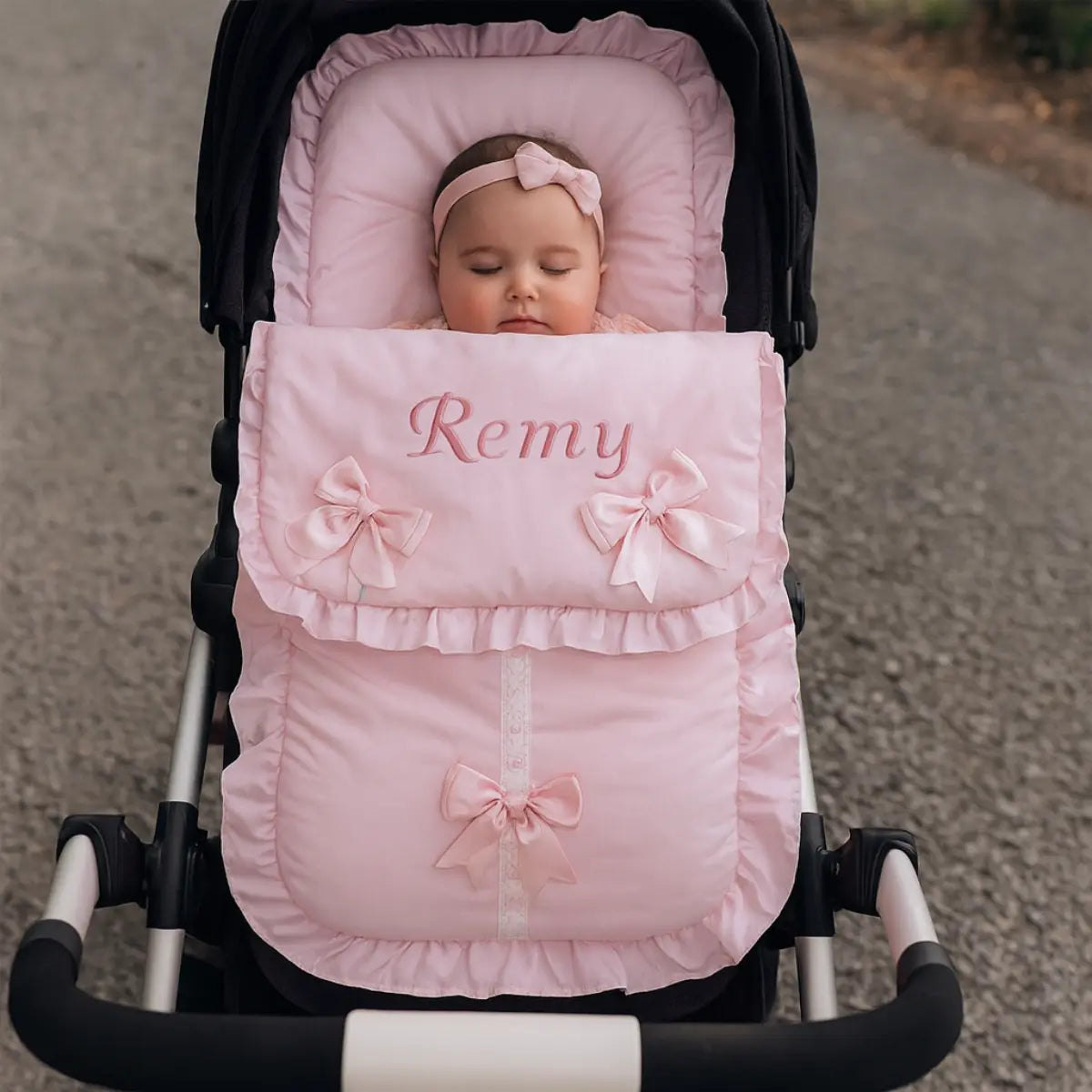 Personalised Pink Frilly Pram Footmuff with Pink Bows – Just Blue