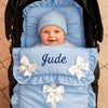 Personalised Blue Pram Footmuff with White Bows