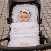 Personalised White Frilly Pram Footmuff - Pink Bows