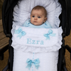 Personalised White Broderie Anglaise Pram Footmuff with Blue Bows
