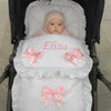 Personalised White Broderie Anglaise Pram Footmuff with Pink Bows