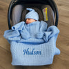 Personalised Blue Cable Knit Baby Pom Blanket