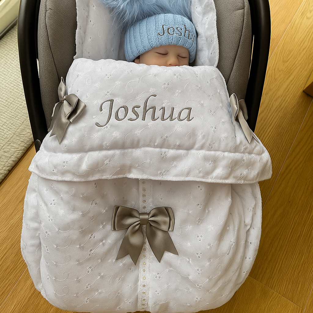 Personalised Cosy Toes White Frilly Car Seat Footmuff – Just Blue