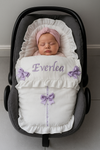 Personalised White Frilly Car Seat Footmuff - Lilac Bows