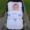 Personalised White Pram Footmuff with Lilac Bows