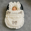 Personalised White Frilly Car Seat Footmuff - Grey Bows