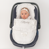 Personalised White Frilly Car Seat Footmuff - White Bows