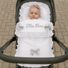 Personalised White Broderie Anglaise Pram Footmuff with Grey Bows