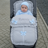 Personalised Grey Pram Footmuff with Blue Bows