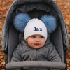 Personalised White Hat with Blue Pom Poms