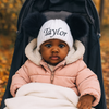 Personalised White Hat with Navy Pom Poms