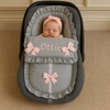 Personalised Grey Frilly Car Seat Footmuff - Pink Satin Bows