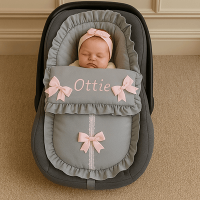 Personalised Grey Frilly Car Seat Footmuff - Pink Satin Bows - Just Blue Or Pink