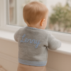 Baby wearing a gray sweater with 'Lenny' embroidered on the back, standing by a window.