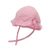 pink frilly baby hat with bow and chin straps