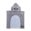 Gray shark-themed hooded towel with cute face design on a white background