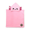 Pink hooded blanket with cartoon face and red arms on a white background