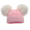 Pink knitted hat with two white fur pom-poms on a white background