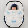 Personalised White Frilly Car Seat Footmuff - Blue Bows