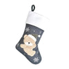 Gray Christmas stocking with a teddy bear design on a white background