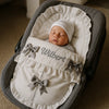 Personalised White Frilly Car Seat Footmuff - Grey Bows
