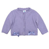 Purple baby cardigan with bow details on a white background
