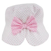 baby girl white bucket hat with pink spots and bow on the back.