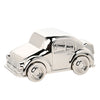 A sleek, metallic silver toy car with a rounded, nostalgic design reminiscent of classic vehicles. The New Bambino Draft Bambino Silverplated Money Box - Car features simple detailing, including visible door handles and circular hubcaps. With a highly polished surface, it's an ideal gift for special occasions.