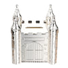 A shiny silverplated castle money box, shaped like a medieval fortress with four turrets and pointed roofs. The front boasts a large gate and there's a coin slot on top. Intricately designed to mimic castle architecture, this piece is part of the Bambino Silverplated Money Box - Castle collection by New Bambino Draft.