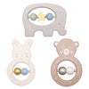 Three New Bambino Draft Bambino Wooden Animal Rattles are shown: one shaped like an elephant with a star and beads, one shaped like a bunny with beads, and one shaped like a bear with the words "LOVE YOU TO THE MOON & BACK" inscribed on it. These baby toys offer a delightful tactile experience in soft pastel colors.